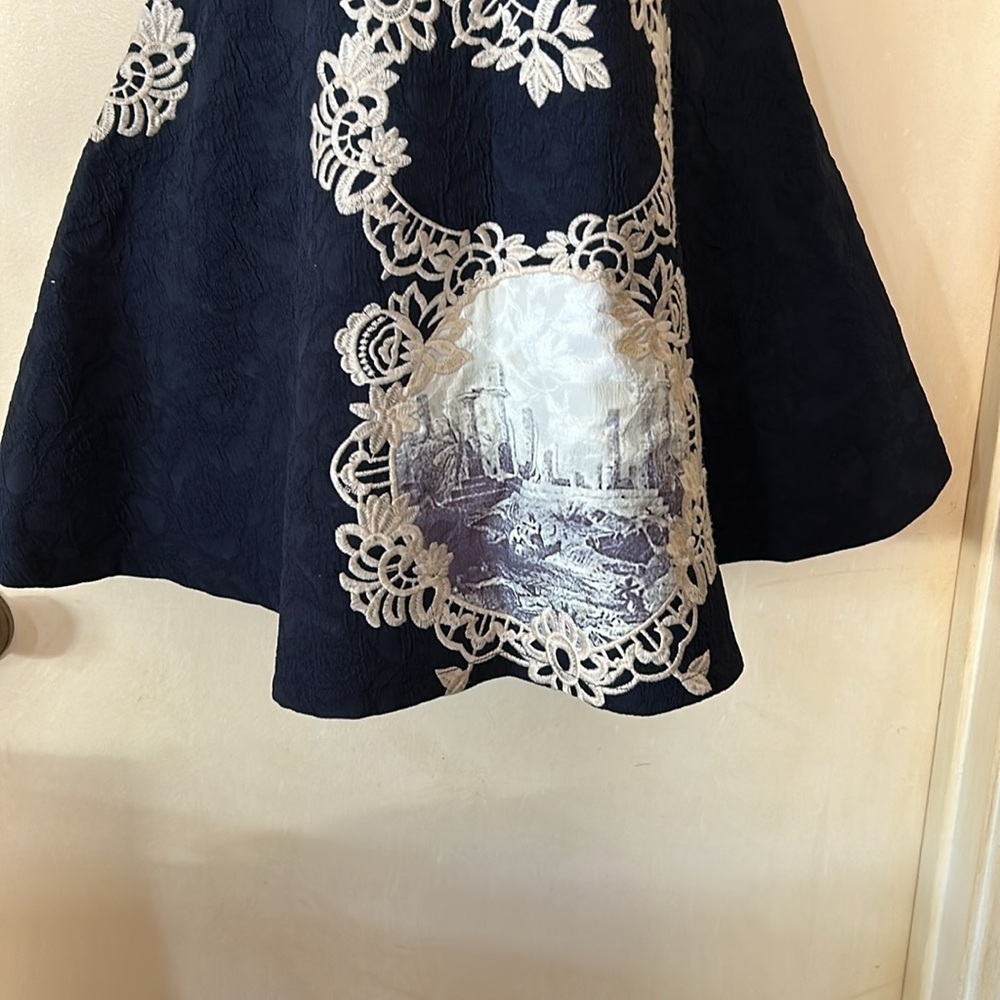 Black silk brocade dress with ivory lace embroidery and watercolor patches sz4 - Picture 4 of 12